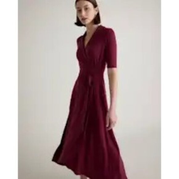 NWT Quince Tencel Jersey Midi Wrap Dress Wine Basic Sleeved Small Classic - Picture 2 of 13